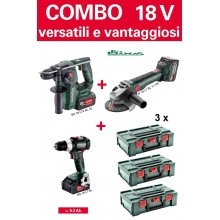 COMBO METABO 3 x 5,2 Ah 18V (TRAPANO / AVVITATORE + MARTELLO PERFORATORE COMBINATO + SMERIGLIATRICE)   